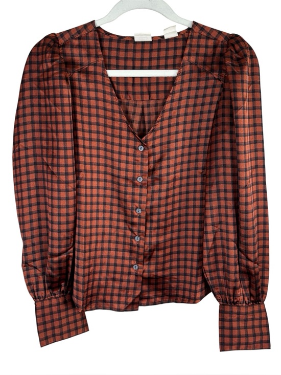 Levi's Tops - Levi’s Satin Kit Blouse Women’s Size XS Plaid V-neck Button Up Collarless Orange